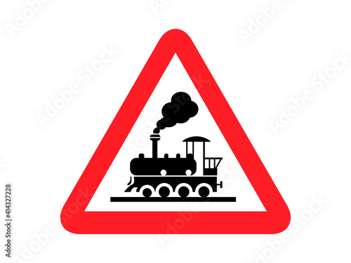 isolated rail road train crossing sign   ahead on white and red stork line round triangle vector design