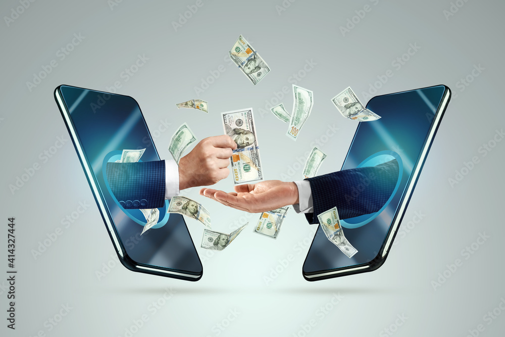 Hand from a smartphone transfers money to another hand. Online money transactions, mobile payments using a smartphone. Concept Financial growth, passive income, online business, dividends. - obrazy, fototapety, plakaty 