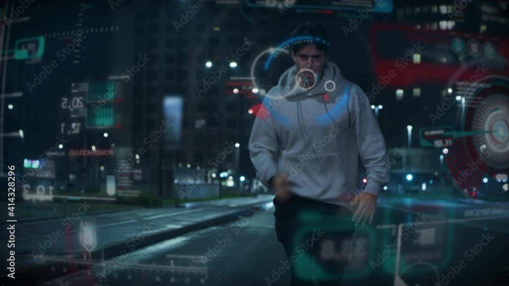 Cinematic shot of male sportsman is running with effort by using latest innovative technology augmented reality holograms in city center at night. Concept of sport, immersive technology, determination Cinematic shot of male sportsman is running with effort by using latest innovative technology augmented reality holograms in city center at night. Concept of sport, immersive technology, determination