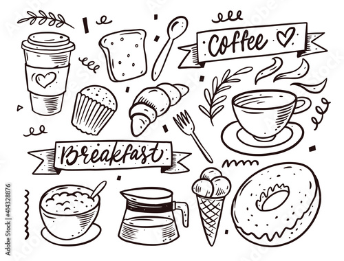 Hand drawn breakfast doodle set elements. Black color.