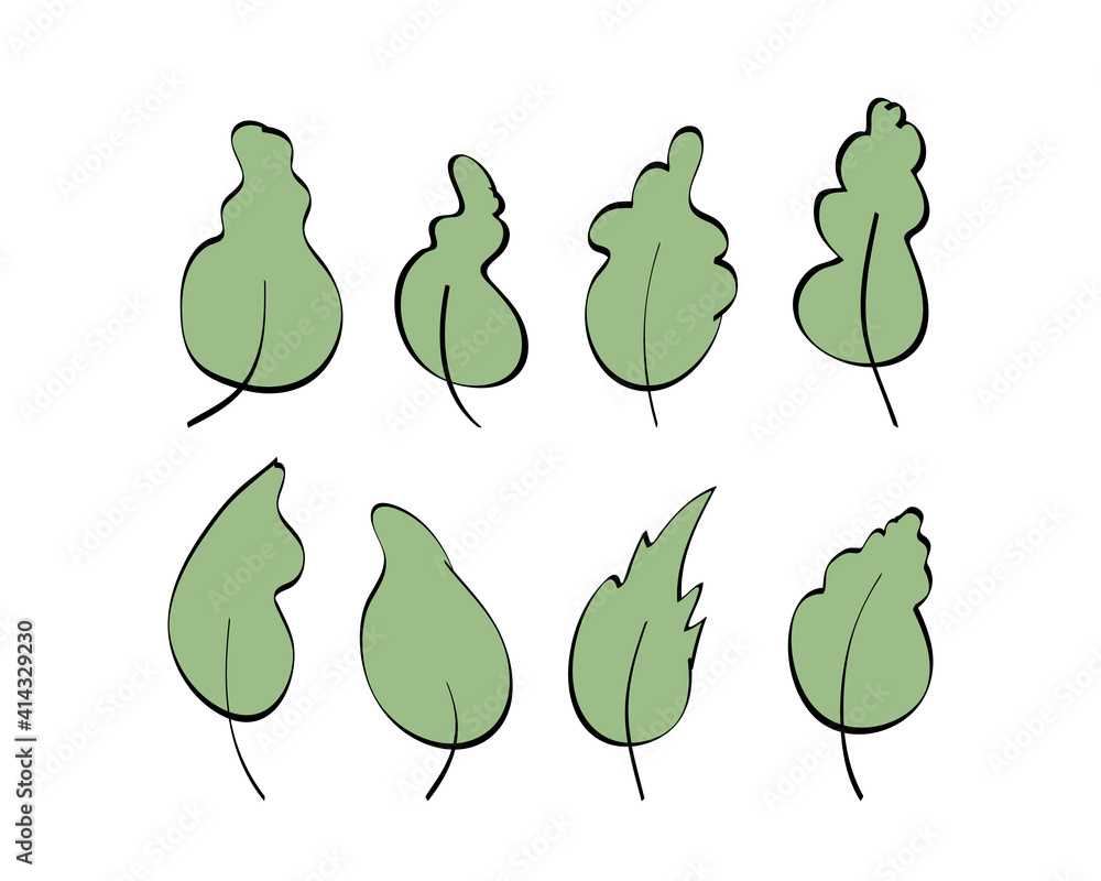 Set of green leaves drawn by hand. Elements for the design of postcards, books, menus or advertising. Isolated on white background. Vector Set of green leaves drawn by hand. Elements for the design of postcards, books, menus or advertising. Isolated on white background. Vector
