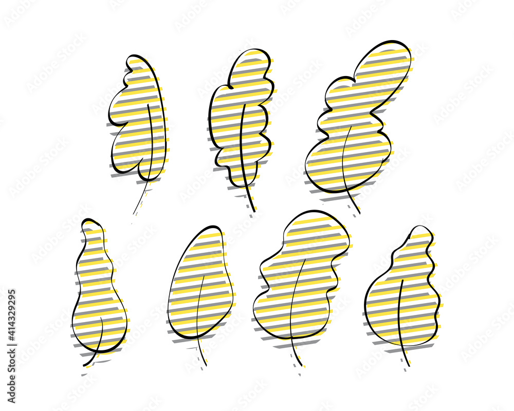 Set of stylish hand-drawn leaves with yellow-gray glitch effect. Elements for the design of postcards, books, menus or advertising. Isolated on white background. Vector illustration. Set of stylish hand-drawn leaves with yellow-gray glitch effect. Elements for the design of postcards, books, menus or advertising. Isolated on white background. Vector illustration.