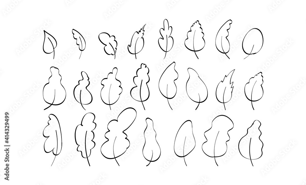 Big set of hand-drawn leaves in doodle style. Elements for the design of postcards, books, menus or advertising. Isolated on white background. Vector illustration. Big set of hand-drawn leaves in doodle style. Elements for the design of postcards, books, menus or advertising. Isolated on white background. Vector illustration.