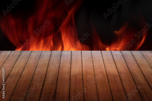 Wood top on Fire flames black background - can be used for display or montage your products.
