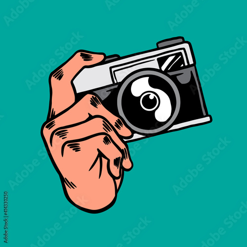 Analog camera sticker overlay on a teal green background design resource vector