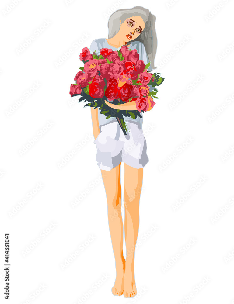 Beautiful girl with a bouquet of roses vector illustration isolated