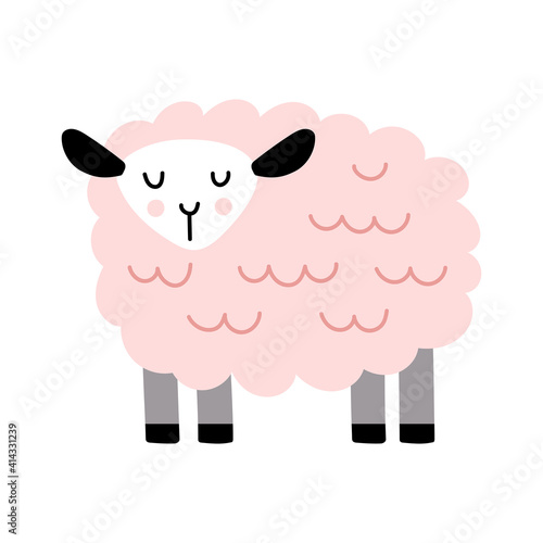 Cute sheep isolated on white background in flat and doodle style. Cartoon ewe vector illustration.
