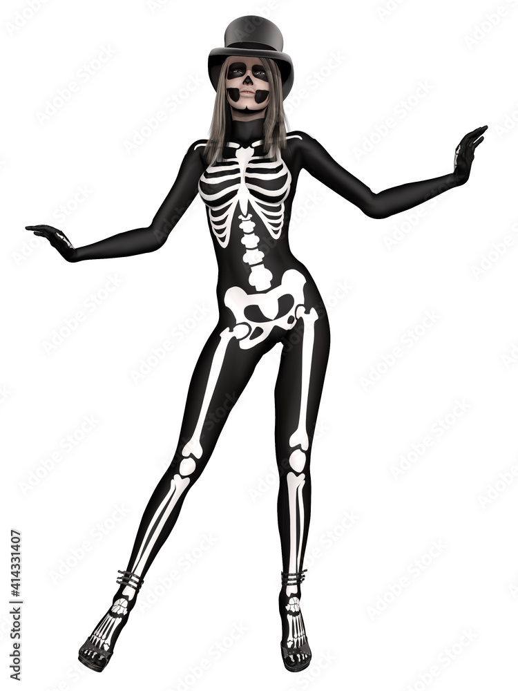 3d render of a sexy girl that posing in a  skeleton bodysuit costume