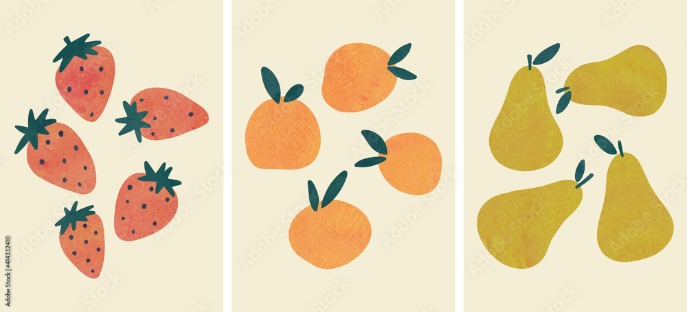 Abstract Hand drawn fruits, boho branch botanical art for wall decoration, postcard or brochure design. Vector illustration.