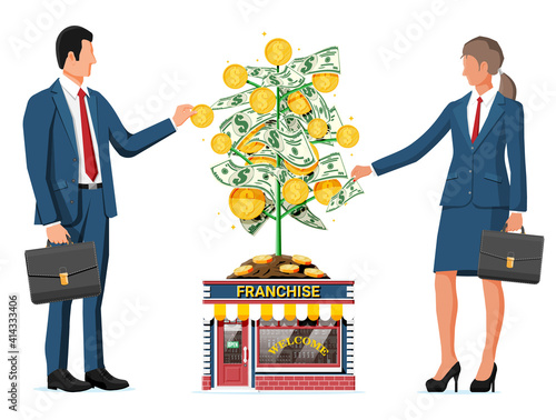 Successful franchise business with money tree. Franchising shop building or commercial property and people. Real estate business promotional, sme. Selling buying new business. Flat vector illustration