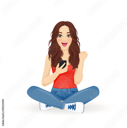 Excited celebrating young beautiful woman using mobile phone sitting with crossed legs isolated vector illustration