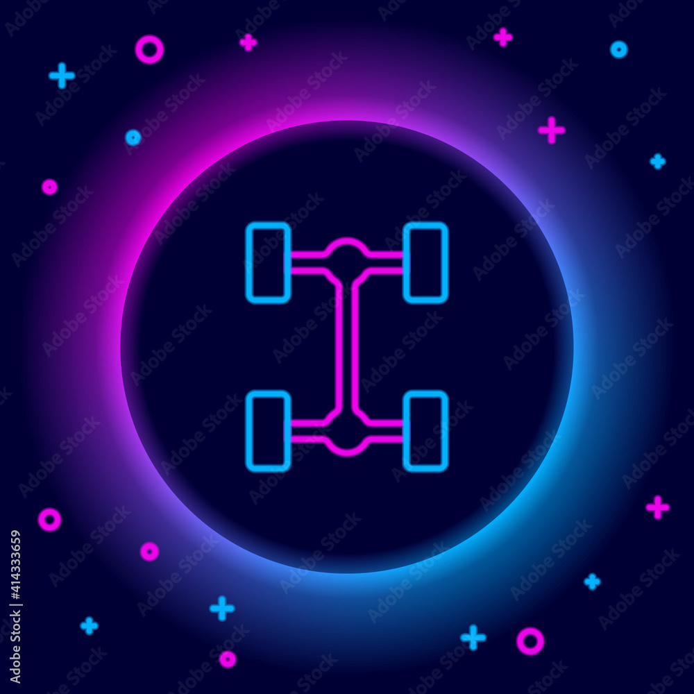 Glowing neon line Chassis car icon isolated on black background. Colorful outline concept. Vector. Glowing neon line Chassis car icon isolated on black background. Colorful outline concept. Vector.