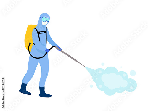 Disinfector in mask and protective suit. Vector illustration. The specialist disinfects the air from the virus infection. Isolated background. Fighting a virus outbreak. Medical topics