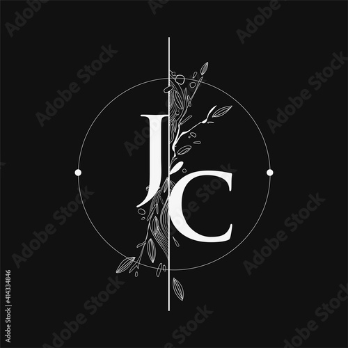Letter JC Initial Logo with Hand Draw Floral, Initial Wedding Font Logo with Circle and Flowers.