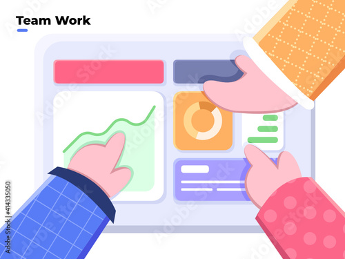 Flat style illustration of Teamwork and team building, Teamwork planning and collaboration, work together to reach business goals, office team work, Business future planning meeting with analytic.