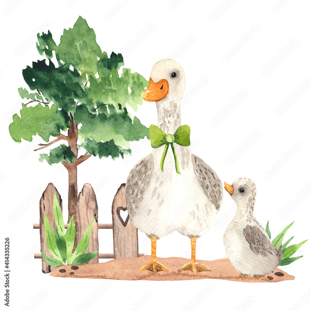 Watercolor farm village composition with a cute goose and little baby ...