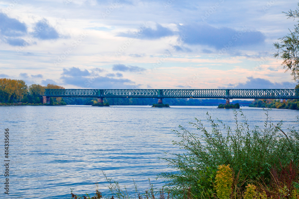 Panoramic of Rhine river and Rhine bridge in Mainz city, Germany. 
