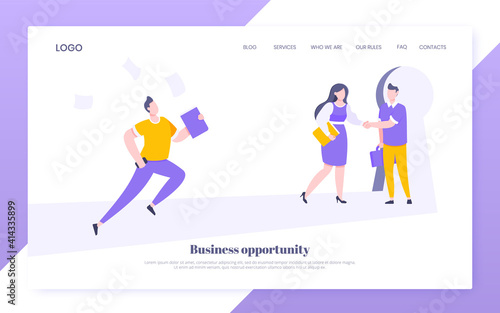 Business key opportunity concept with keyhole and ambitious man running to career potential website landing page flat style vector illustration. New way business beginnings and unlock future.
