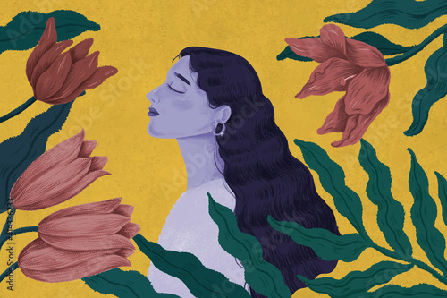 Beautiful purple woman surrounded by nature illustration