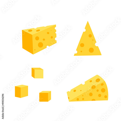 .Cheese with holes isolated on white background, vector flat illustration. Set of cheese of different shapes: triangular, square