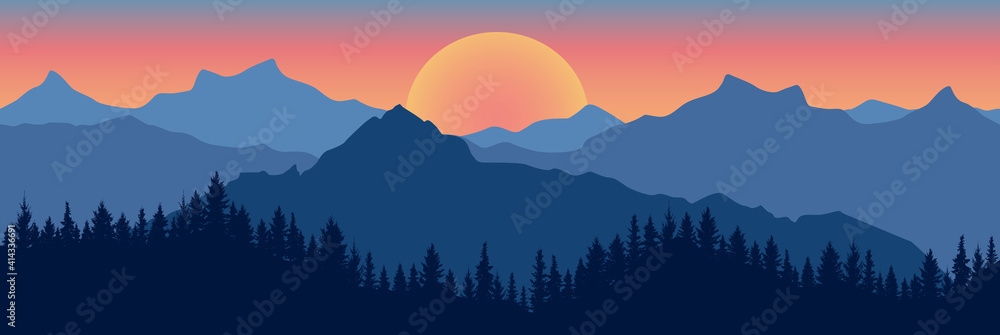 Naklejka Beautiful landscape. Silhouette of dark blue forest on background of mountains and sunset. Panoramic view. Vector illustration.