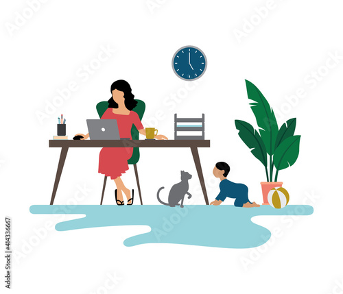 Career Woman / Mother with Child Working Remotely from Home