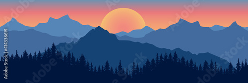 Beautiful landscape. Silhouette of dark blue forest on background of mountains and sunset. Panoramic view. Vector illustration. © nosyrevy