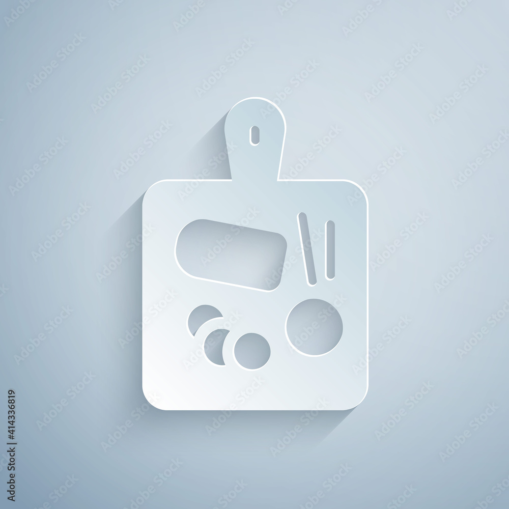 Paper cut Cutting board icon isolated on grey background. Chopping Board symbol. Paper art style. Vector. Paper cut Cutting board icon isolated on grey background. Chopping Board symbol. Paper art style. Vector.