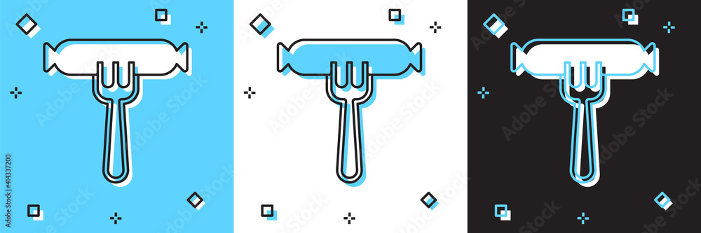 Set Sausage on the fork icon isolated on blue and white, black background. Grilled sausage and aroma sign. Vector. Set Sausage on the fork icon isolated on blue and white, black background. Grilled sausage and aroma sign. Vector.