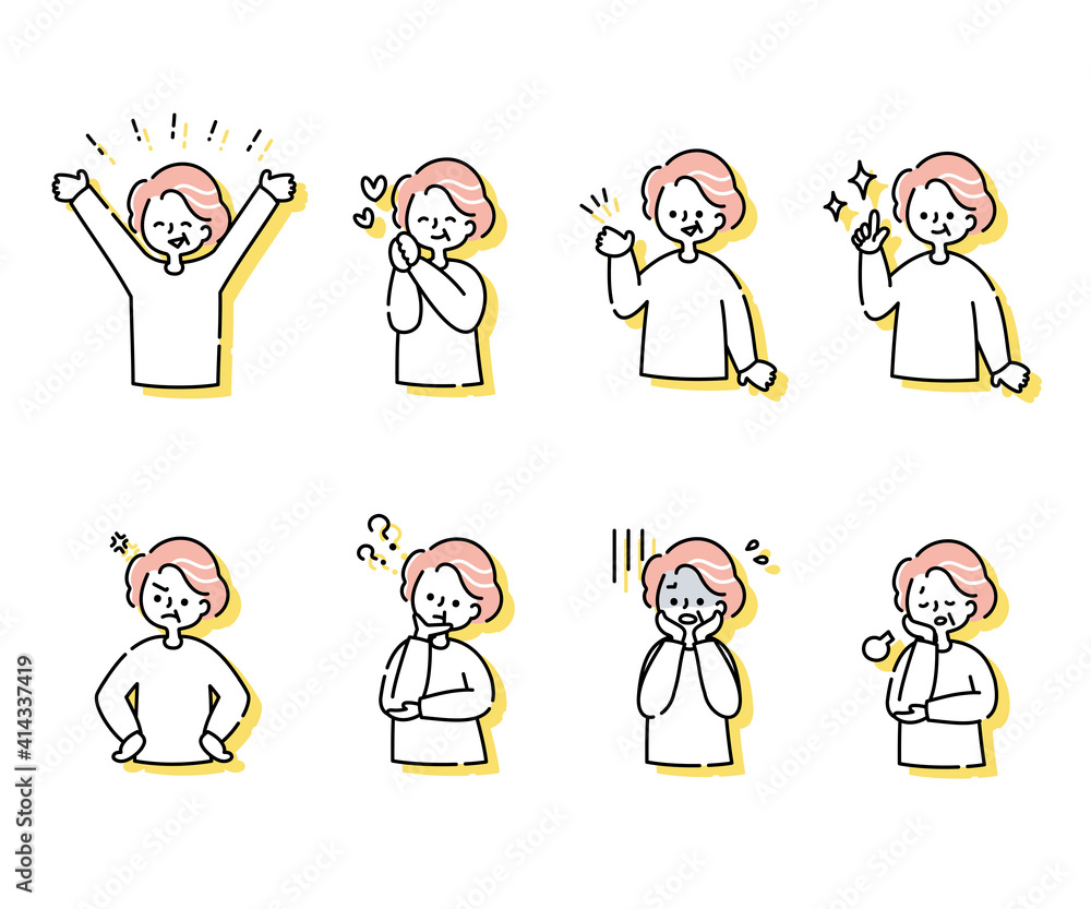 シニア女性の色々な感情表現とポーズのセット（上半身）