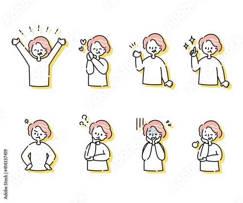 シニア女性の色々な感情表現とポーズのセット（上半身）