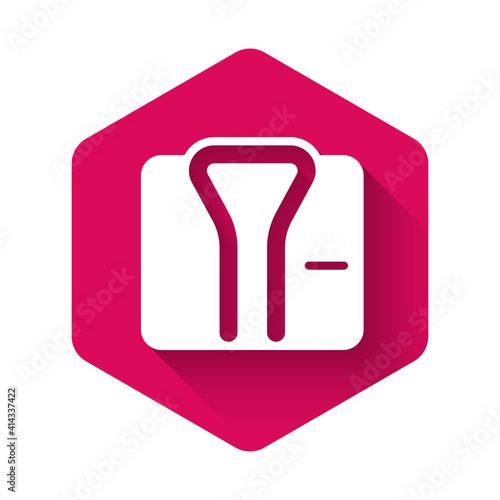 White Bathrobe icon isolated with long shadow background. Pink hexagon button. Vector.