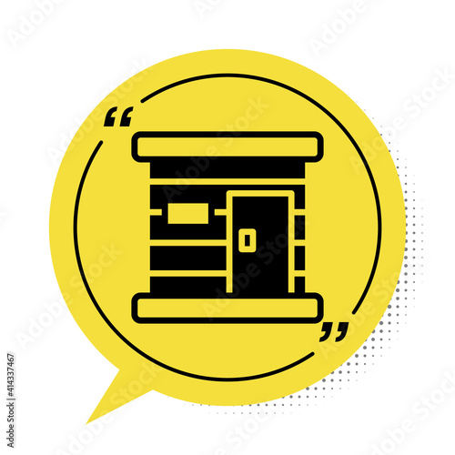 Black Sauna wooden bathhouse icon isolated on white background. Heat spa relaxation therapy bath and hot steam healthcare, relax therapy. Yellow speech bubble symbol. Vector.