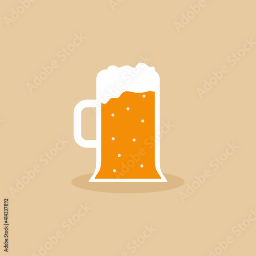 A glass of beer flat icon design element. Root beer foam in big mug with handle for drink. Octoberfest beer symbol with cartoon style. Toasting, champagne and celebration. Vector illustration