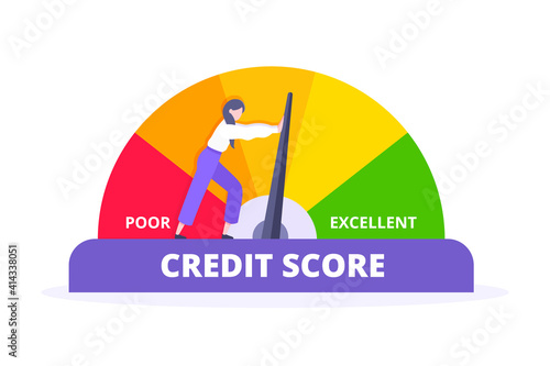 Woman pushes credit score arrow gauge speedometer indicator with color levels. Measurement from poor to excellent rating for credit or mortgage loans concept flat style design vector illustration.