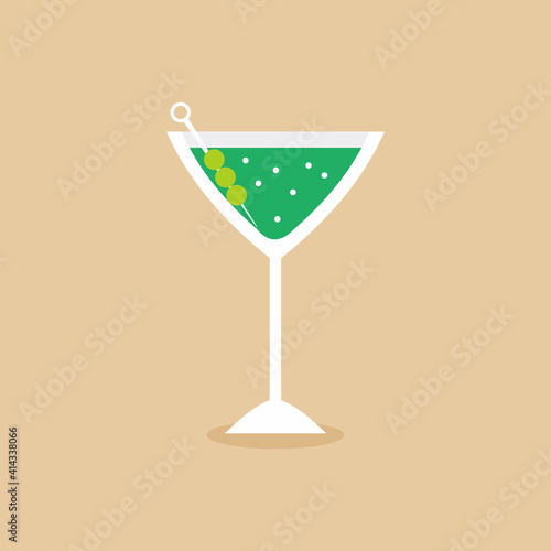 Glass for vermouth icon in flat style. Wineglass on pastel color background. A martini glass of alcohol cocktail. Elegant drink in green martini. Vector design elements for you business project