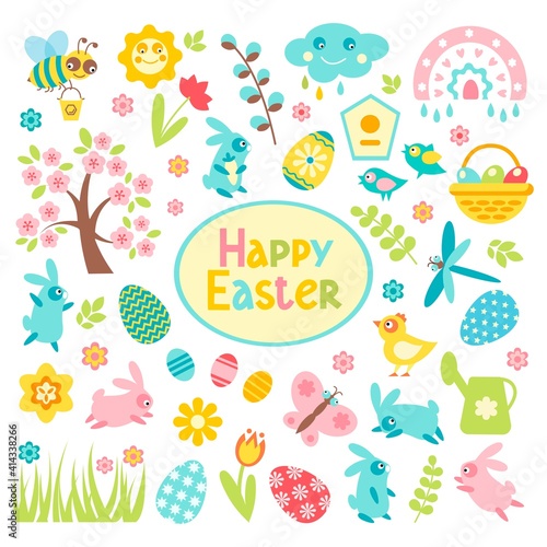 Set of Easter spring elements isolated on white background. Vector flat eggs, chicken, butterfly, rabbit, tulips, flowers, willow, branches, basket, narcissus. Design for holiday decoration, card
