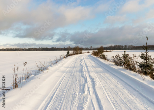 winter landscape, snow-covered land, trees and fields, beautiful winter road, winter time
