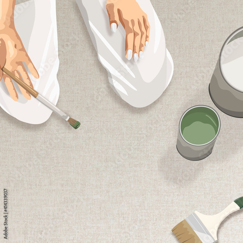 Artist kneeling with a paintbrush in her hand design space vector