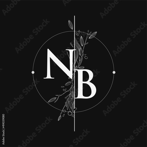 Letter NB Initial Logo with Hand Draw Floral, Initial Wedding Font Logo with Circle and Flowers.