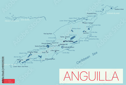 Anguilla detailed editable map with regions cities and towns, roads and railways, geographic sites. Vector EPS-10 file
