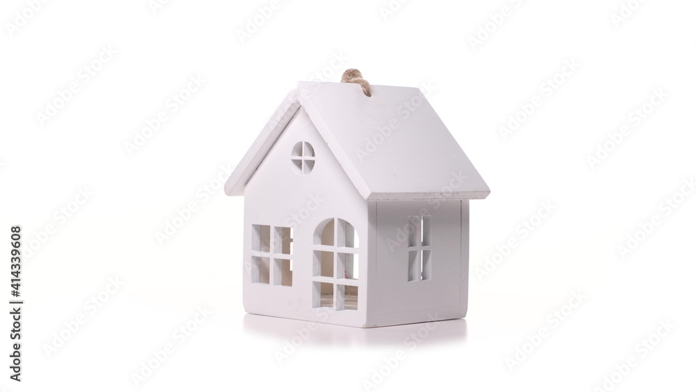 small cute white wooden house rotates 360 degrees on white background. Small Christmas tree toy or gift wrapping box isolated.