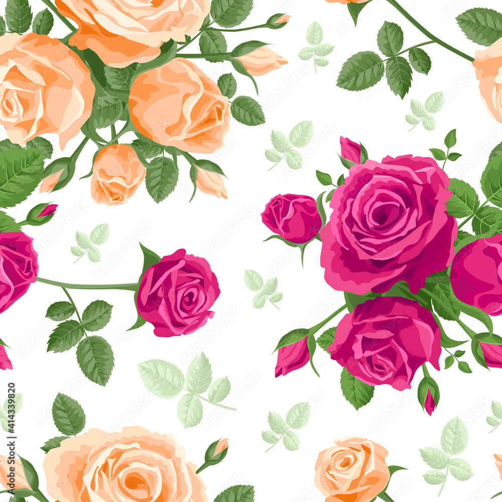 Seamless pattern of orange and pink roses. Vector illustration, background, pattern, texture. For wallpaper, textiles, wrapping paper. White background with cream, salmon flowers in vintage style.