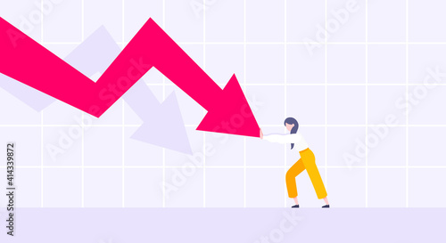 Recession loss and business bankruptcy concept. Young adult woman pushed red crisis arrow downturn vector illustration. Economy crisis, investment global market risk and stock market crash metaphor.