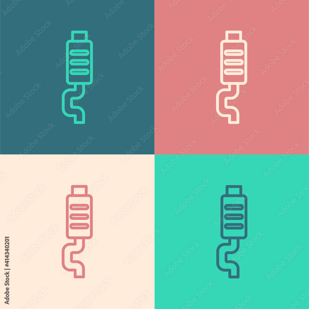 Pop art line Car muffler icon isolated on color background. Exhaust pipe. Vector.