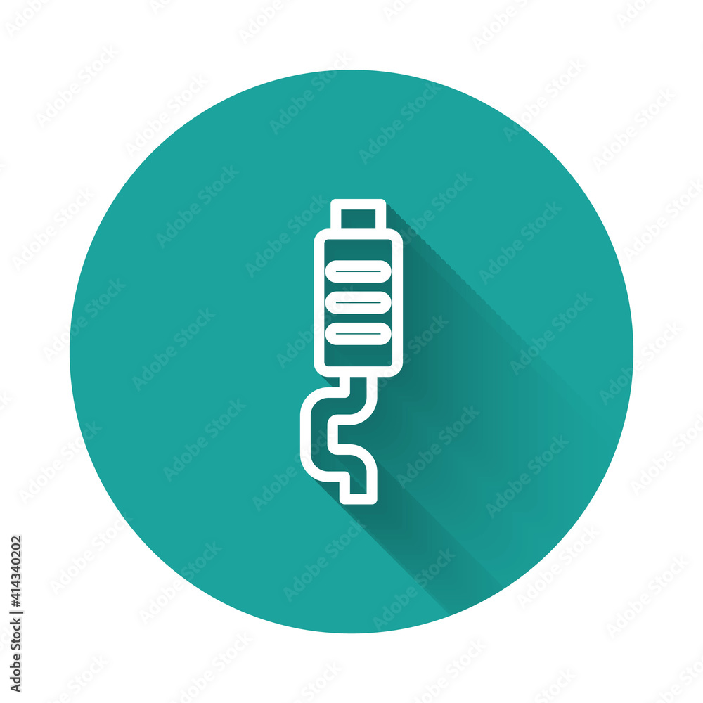 White line Car muffler icon isolated with long shadow background. Exhaust pipe. Green circle button. Vector. White line Car muffler icon isolated with long shadow background. Exhaust pipe. Green circle button. Vector.