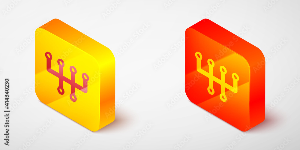 Isometric line Gear shifter icon isolated on grey background. Transmission icon. Yellow and orange square button. Vector. Isometric line Gear shifter icon isolated on grey background. Transmission icon. Yellow and orange square button. Vector.