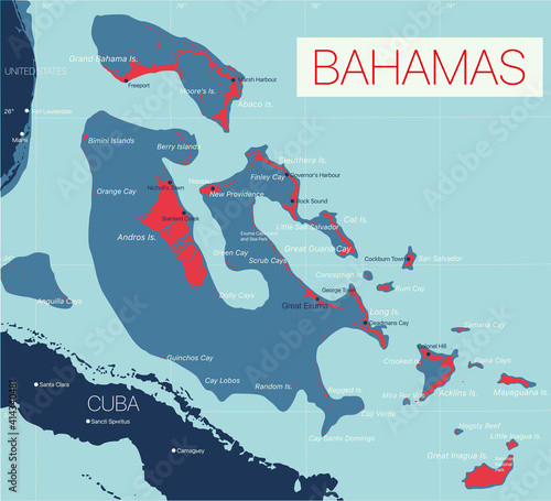 Bahamas detailed editable map with regions cities and towns, roads and railways, geographic sites. Vector EPS-10 file