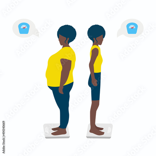 Vector Illustration of a black girl showing the weight before and after. A fat and slim female figure. Eps 10