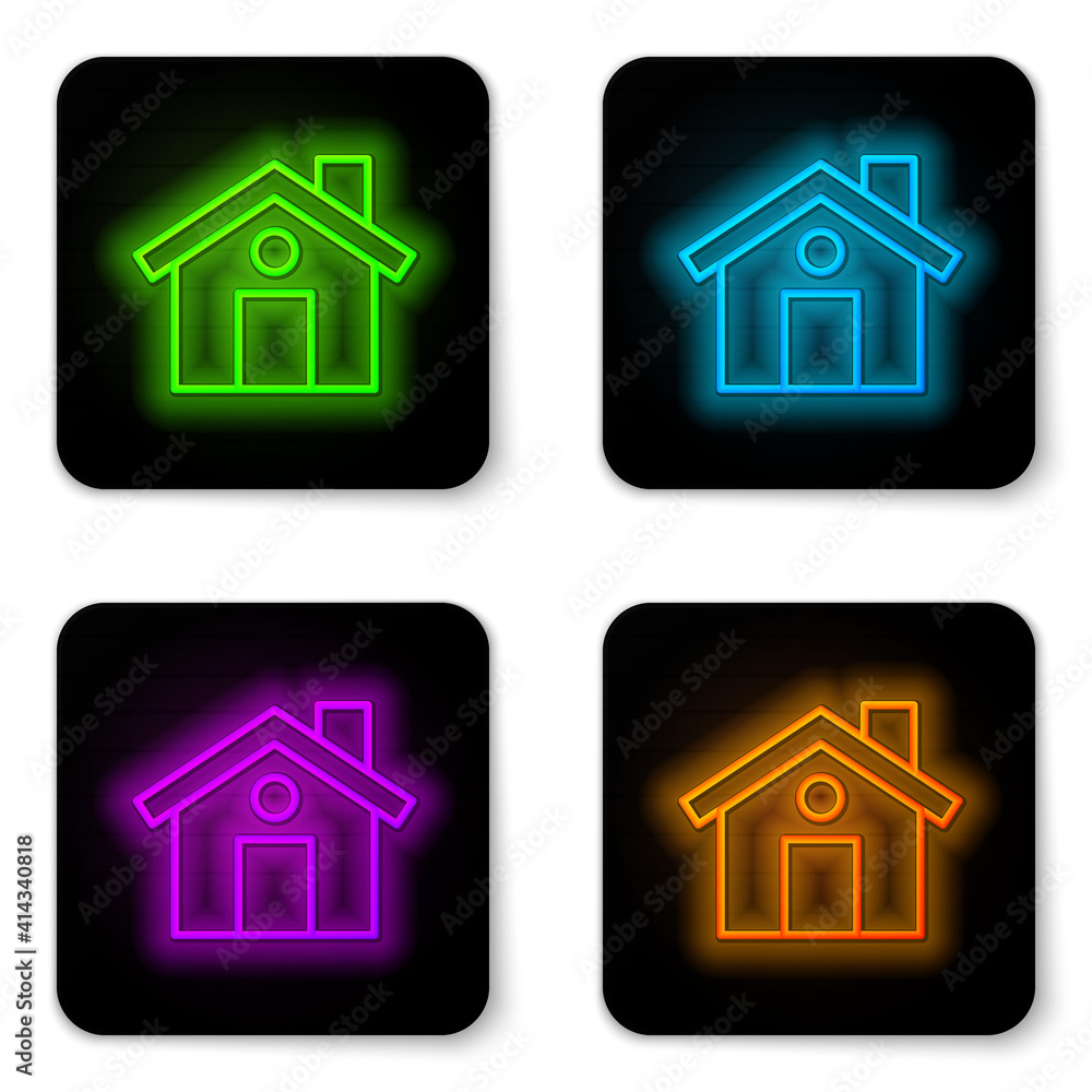 Glowing neon line House icon isolated on white background. Home symbol. Black square button. Vector. Glowing neon line House icon isolated on white background. Home symbol. Black square button. Vector.